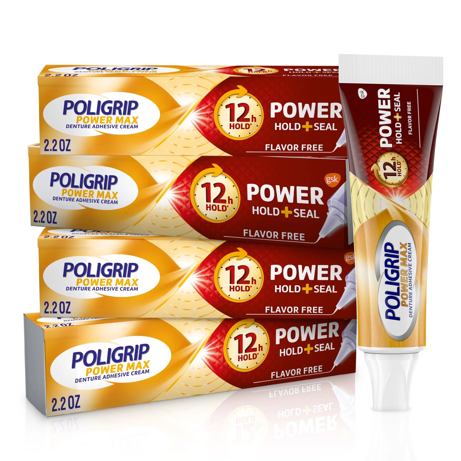 Poligrip Power Hold + Seal Denture Cream - Unflavored 4 Pack (2.2 Oz Each) for Maximum Comfort and Secure Fit