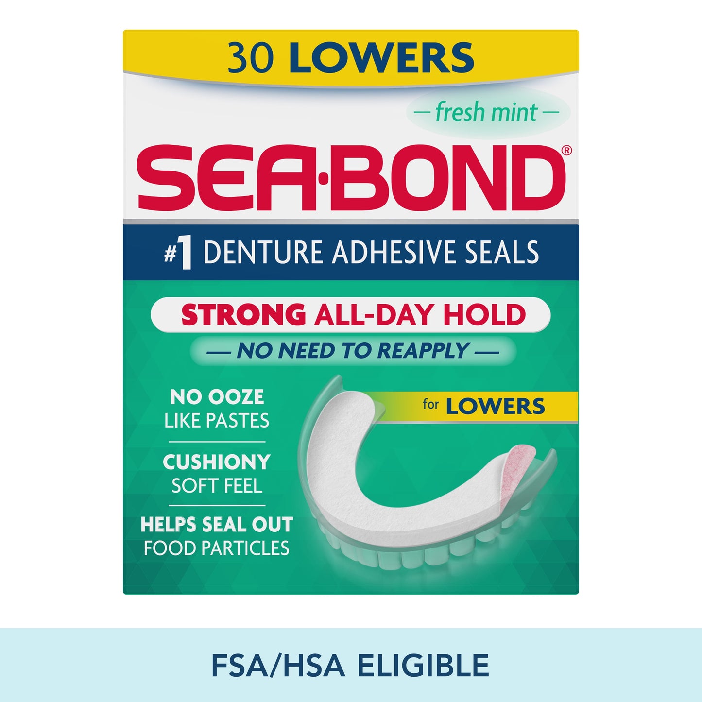 Sea Bond Fresh Mint Flavor Denture Adhesive Seals - 30 Count for Secure Hold