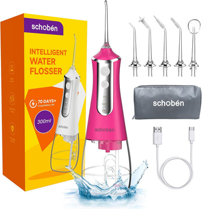 Portable Cordless Water Dental Flosser - Rechargeable Oral Irrigator with 300ML Tank, 4 Modes, 5 Tips, Waterproof - Perfect for Home & Travel (White & Barbie Pink)